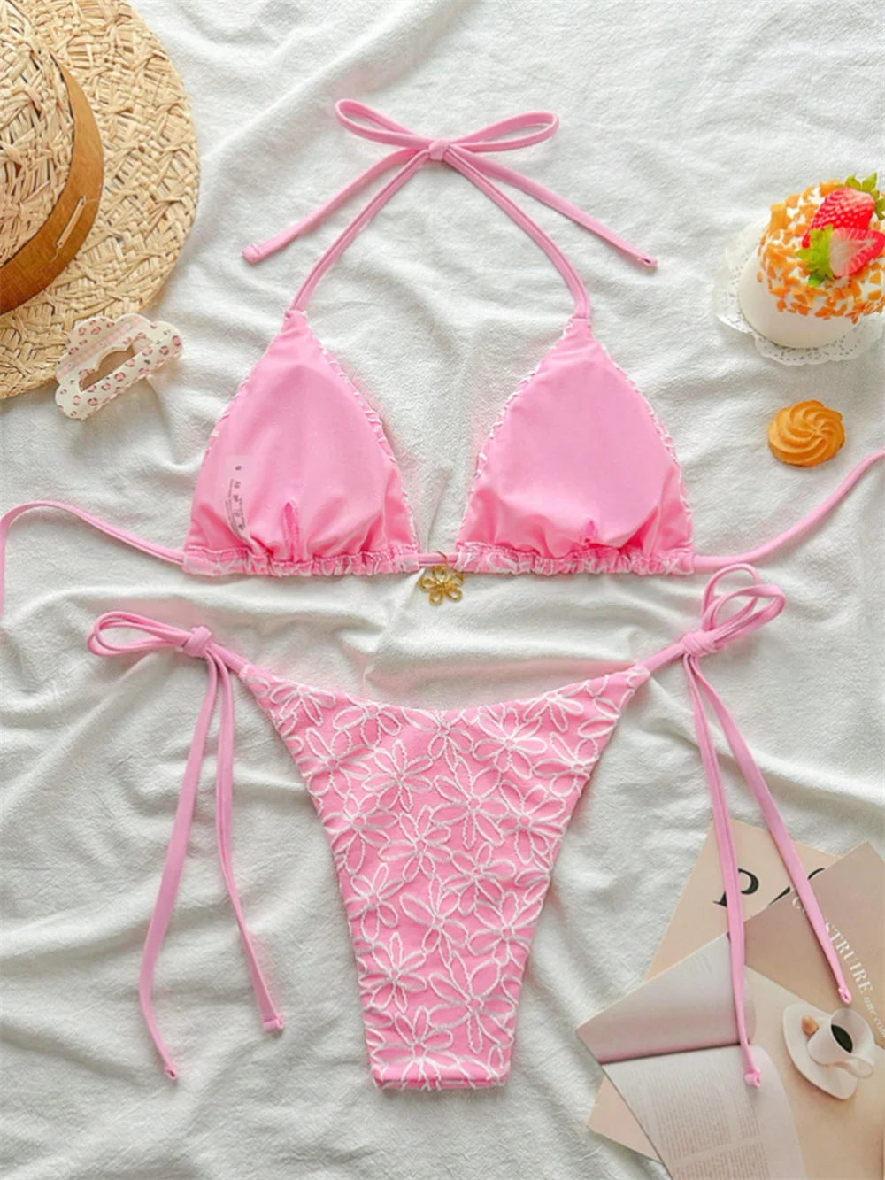 Para Praia Thong Swimsuit Women Halter Micro Bikini Set 2025 Floral Swimwear Brazilian Bathing Suit Beachwear