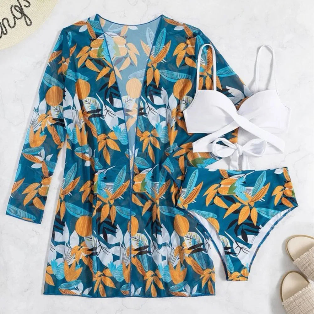 2025 Three Pieces Bikini Set Cover Up Swimwear Women Swimsuit Print Long Sleeve Push Up Bathing Suit Beachwear Swimming Biquini