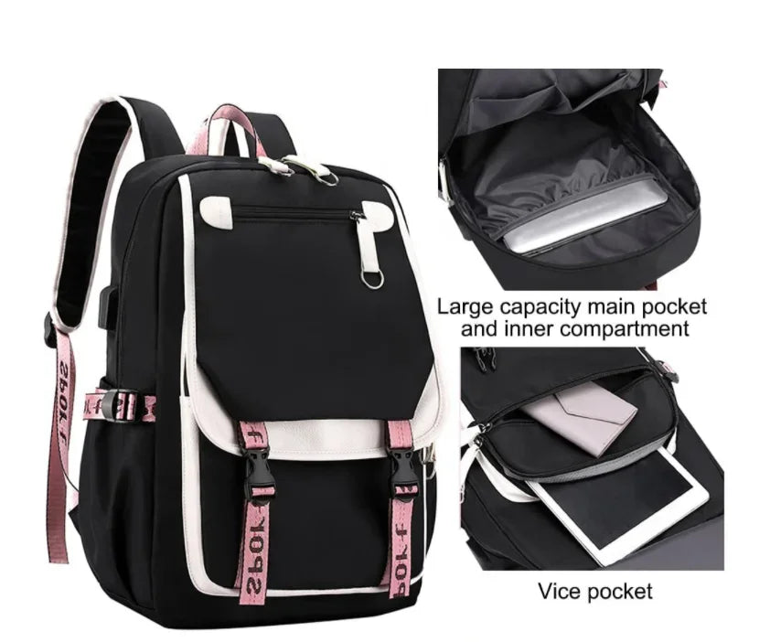 School Backpacks for Young Boys Girls Bagpack College Students Kawaii School Bag Harajuku Fashion Travel Rucksack Black Pink Bag