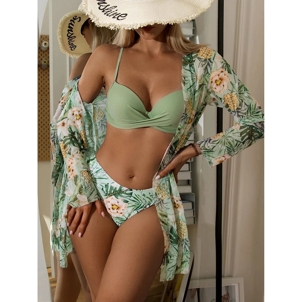 2025 Three Pieces Bikini Set Cover Up Swimwear Women Swimsuit Print Long Sleeve Push Up Bathing Suit Beachwear Swimming Biquini