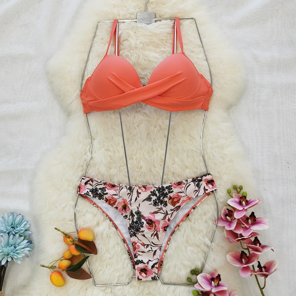 2025 Three Pieces Bikini Set Cover Up Swimwear Women Swimsuit Print Long Sleeve Push Up Bathing Suit Beachwear Swimming Biquini