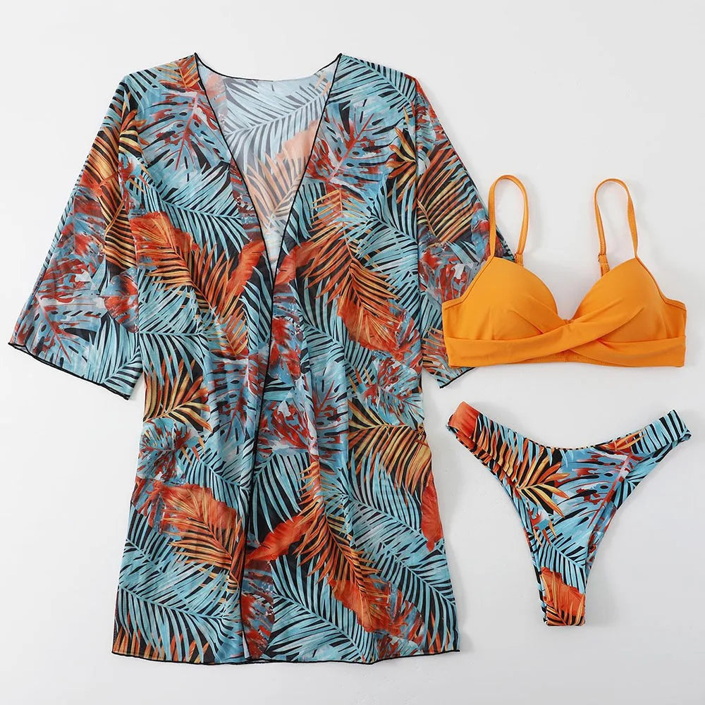 2025 Three Pieces Bikini Set Cover Up Swimwear Women Swimsuit Print Long Sleeve Push Up Bathing Suit Beachwear Swimming Biquini