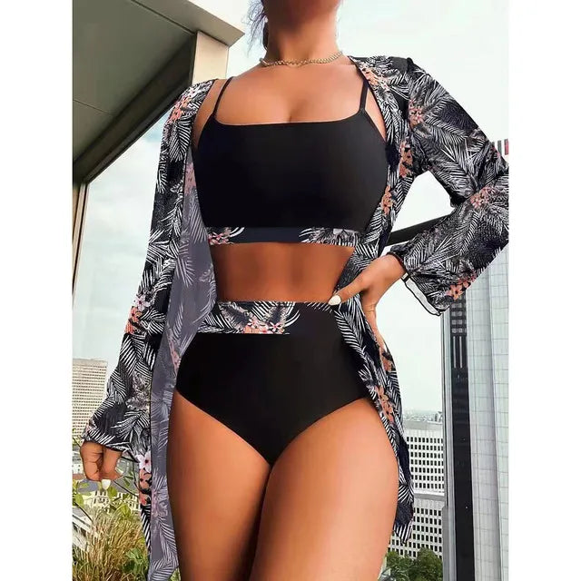 2025 Three Pieces Bikini Set Cover Up Swimwear Women Swimsuit Print Long Sleeve Push Up Bathing Suit Beachwear Swimming Biquini