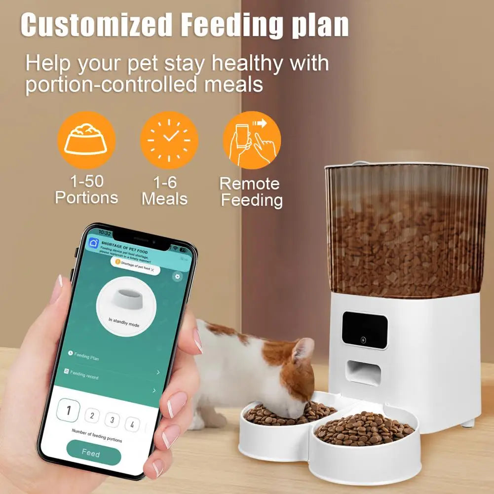 Smart Pet Feeder with Dual Bowls - 5L Transparent Storage, WiFi APP Control, Automatic Timed Dispensing for Cats & Dogs, Battery