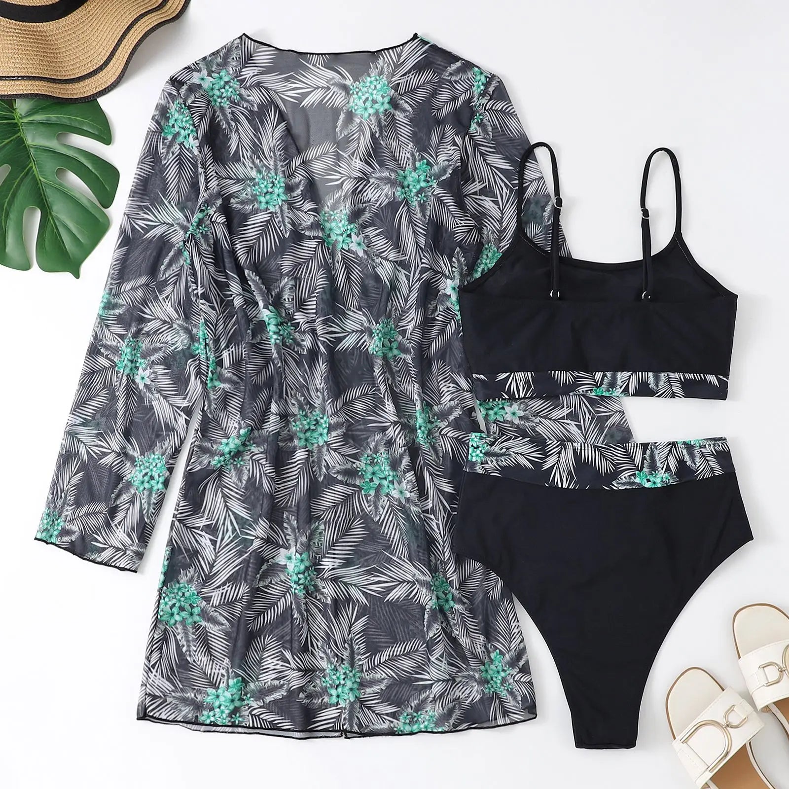 2025 Three Pieces Bikini Set Cover Up Swimwear Women Swimsuit Print Long Sleeve Push Up Bathing Suit Beachwear Swimming Biquini