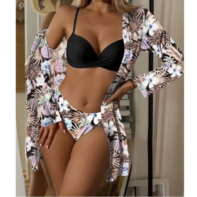 2025 Women's 3 Pieces Swimsuit Floral Print Bikini Set+Long Sleeve Cover-Up Swimwear Sexy Low Waist Push Up Tankinis Beachwear