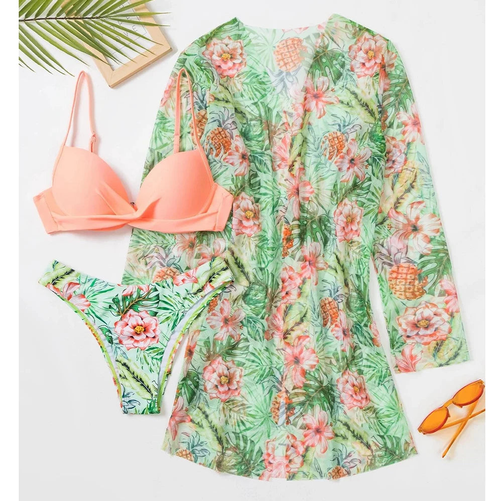 2025 Three Pieces Bikini Set Cover Up Swimwear Women Swimsuit Print Long Sleeve Push Up Bathing Suit Beachwear Swimming Biquini