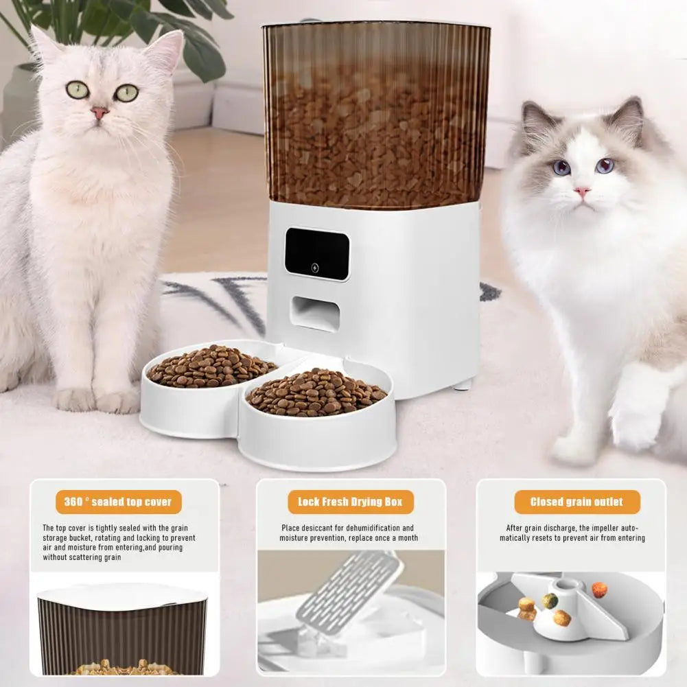 Smart Pet Feeder with Dual Bowls - 5L Transparent Storage, WiFi APP Control, Automatic Timed Dispensing for Cats & Dogs, Battery