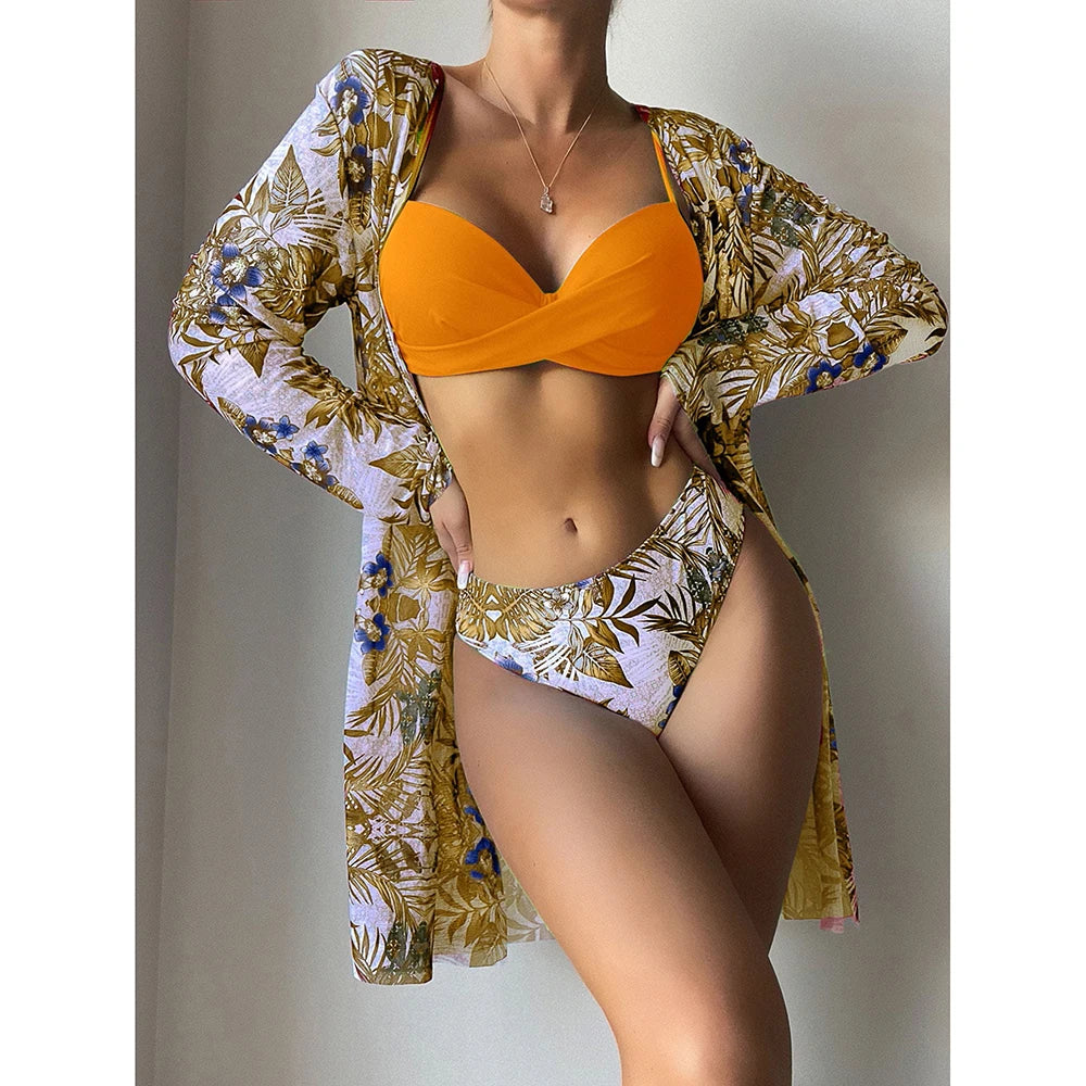 2025 Three Pieces Bikini Set Cover Up Swimwear Women Swimsuit Print Long Sleeve Push Up Bathing Suit Beachwear Swimming Biquini