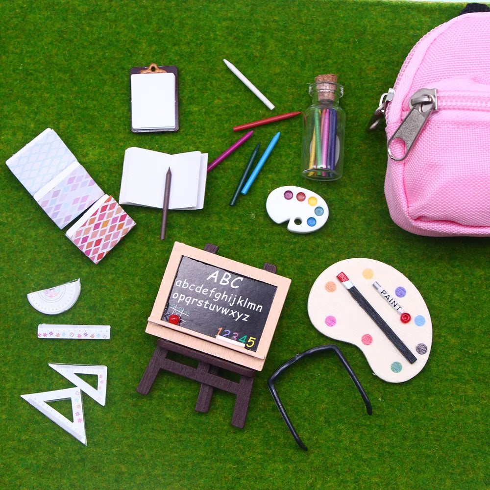 Mini Doll School Supplies Dollhouse Simulation Cutting Mat Ruler Schoolbag Books Pencil Pen Blackboard Holder Learning Props