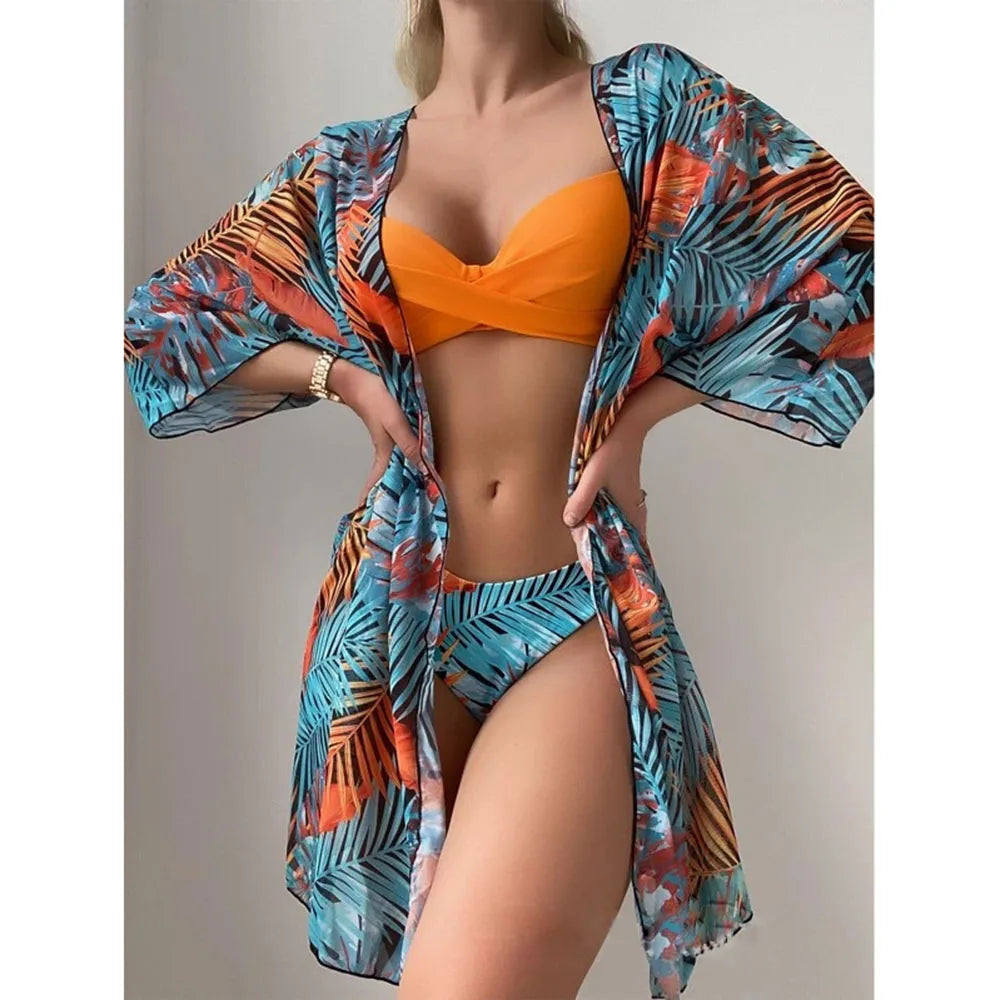 2025 Three Pieces Bikini Set Cover Up Swimwear Women Swimsuit Print Long Sleeve Push Up Bathing Suit Beachwear Swimming Biquini