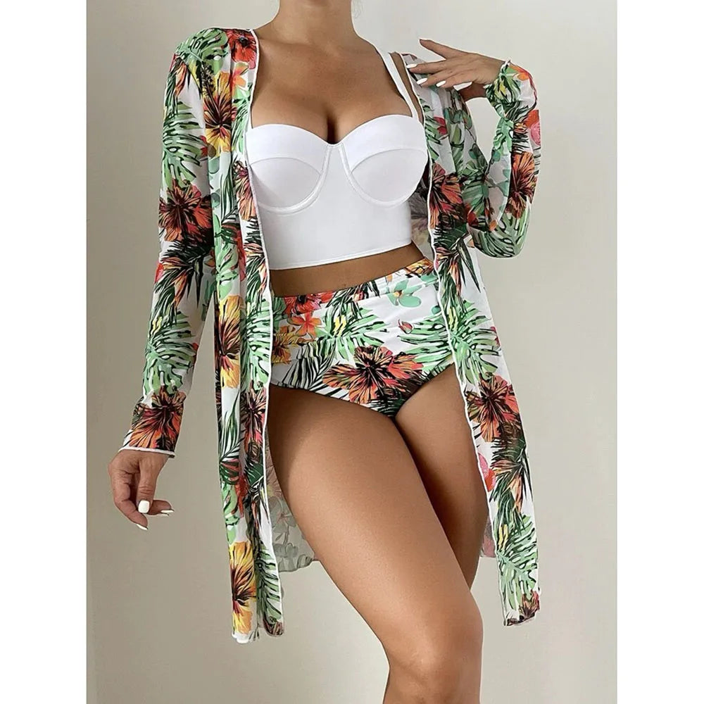 2025 Three Pieces Bikini Set Cover Up Swimwear Women Swimsuit Print Long Sleeve Push Up Bathing Suit Beachwear Swimming Biquini