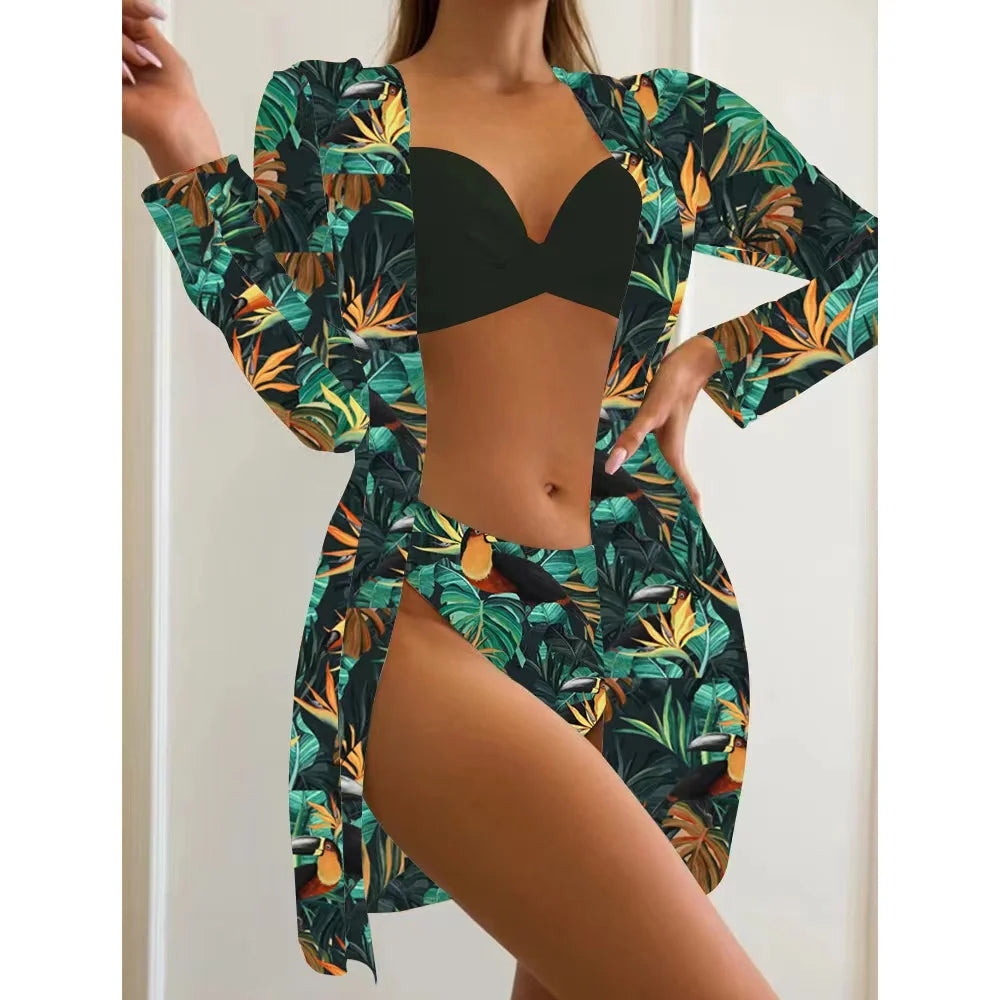 2025 Three Pieces Bikini Set Cover Up Swimwear Women Swimsuit Print Long Sleeve Push Up Bathing Suit Beachwear Swimming Biquini