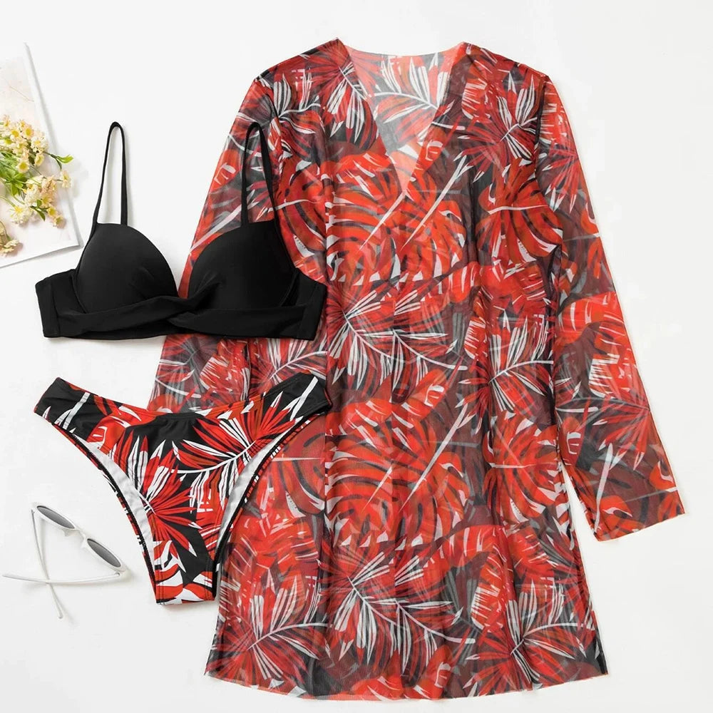 2025 Three Pieces Bikini Set Cover Up Swimwear Women Swimsuit Print Long Sleeve Push Up Bathing Suit Beachwear Swimming Biquini