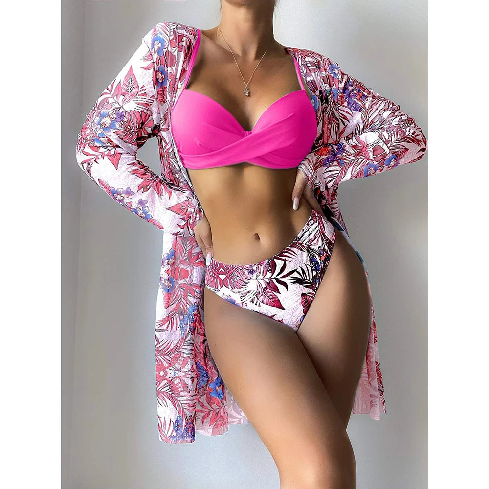 2025 Three Pieces Bikini Set Cover Up Swimwear Women Swimsuit Print Long Sleeve Push Up Bathing Suit Beachwear Swimming Biquini