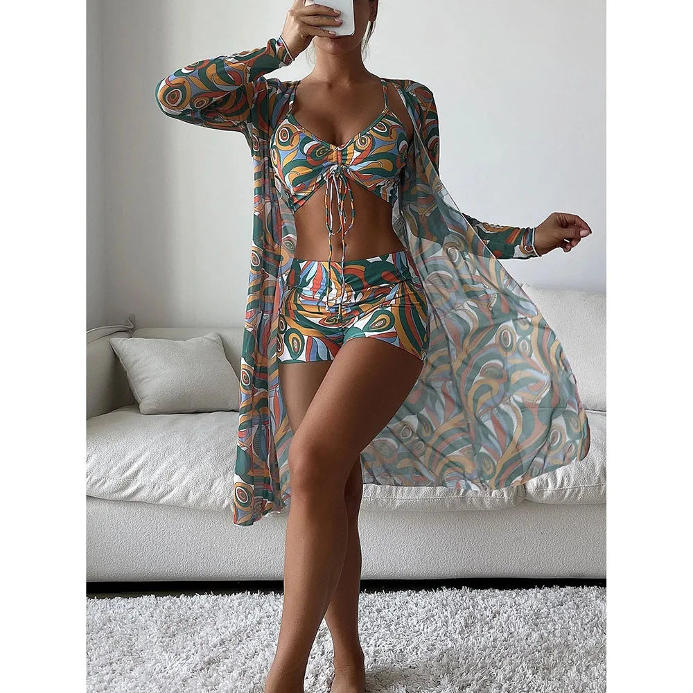 2025 Three Pieces Bikini Set Cover Up Swimwear Women Swimsuit Print Long Sleeve Push Up Bathing Suit Beachwear Swimming Biquini