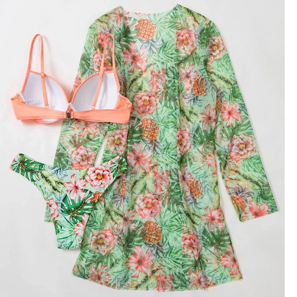 2025 Three Pieces Bikini Set Cover Up Swimwear Women Swimsuit Print Long Sleeve Push Up Bathing Suit Beachwear Swimming Biquini