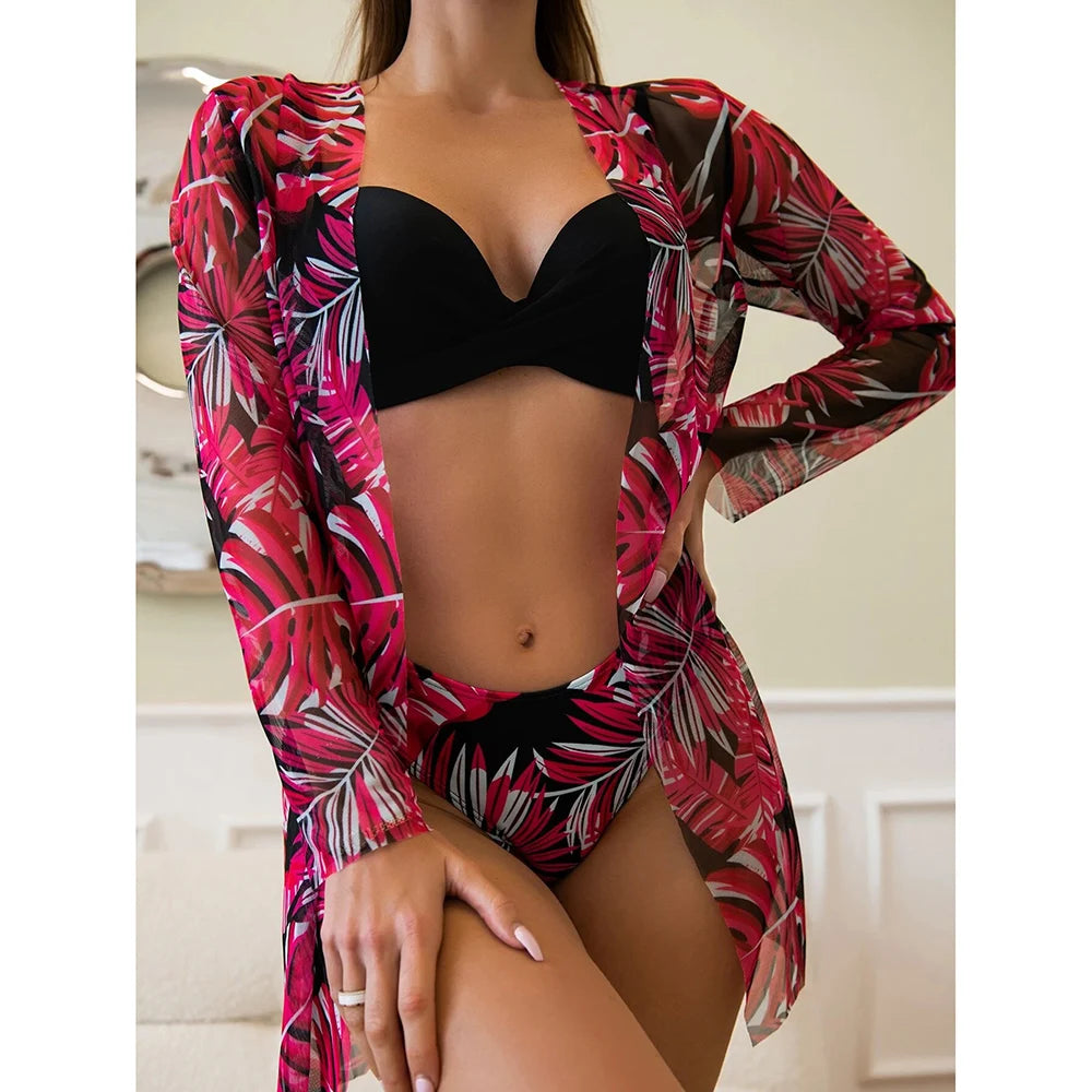 2025 Three Pieces Bikini Set Cover Up Swimwear Women Swimsuit Print Long Sleeve Push Up Bathing Suit Beachwear Swimming Biquini