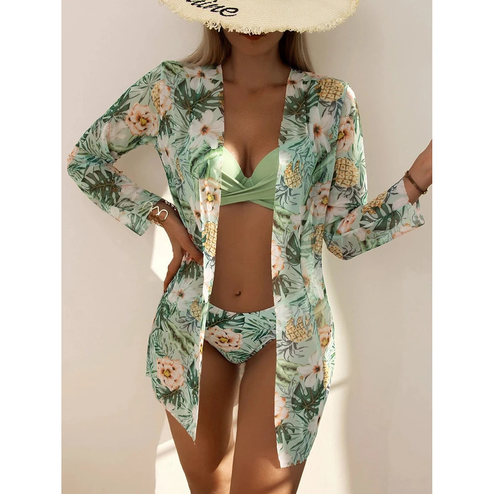 2025 Three Pieces Bikini Set Cover Up Swimwear Women Swimsuit Print Long Sleeve Push Up Bathing Suit Beachwear Swimming Biquini