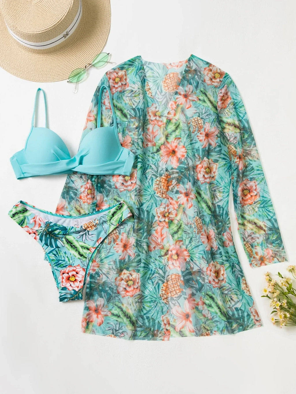 3 Pieces Push Up Bikinis 2025 Women With Kimono Beach Printed Swimsuit Sexy Swimwear Female Bathers Bathing Swimming Swim Suit