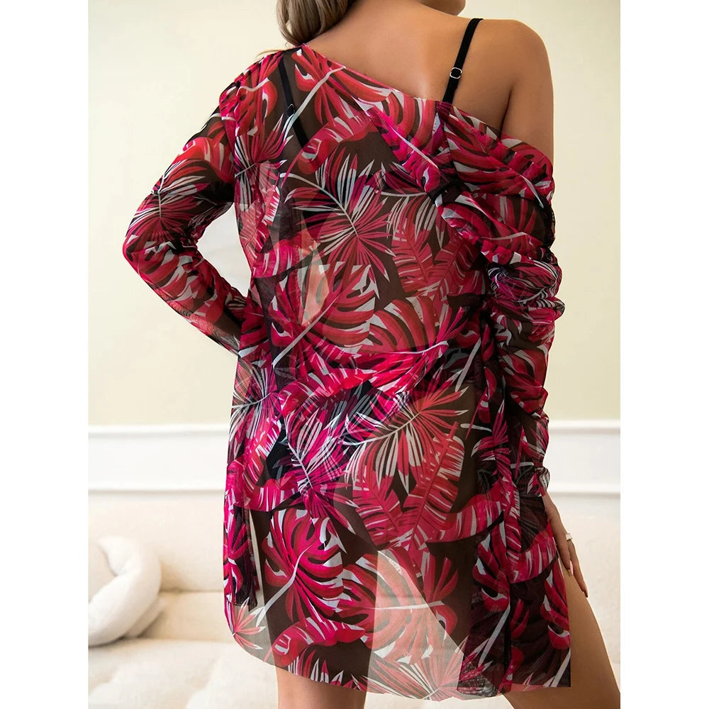 2025 Three Pieces Bikini Set Cover Up Swimwear Women Swimsuit Print Long Sleeve Push Up Bathing Suit Beachwear Swimming Biquini