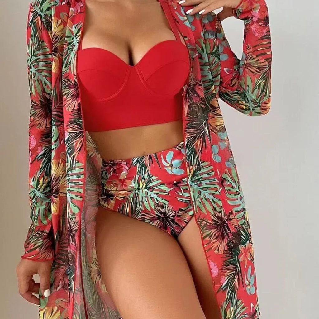 Plant Flower Print Bikini Three-piece Set Sunscreen Cover up Cross-Border Swimsuit Women's Fashion Swimwear from China