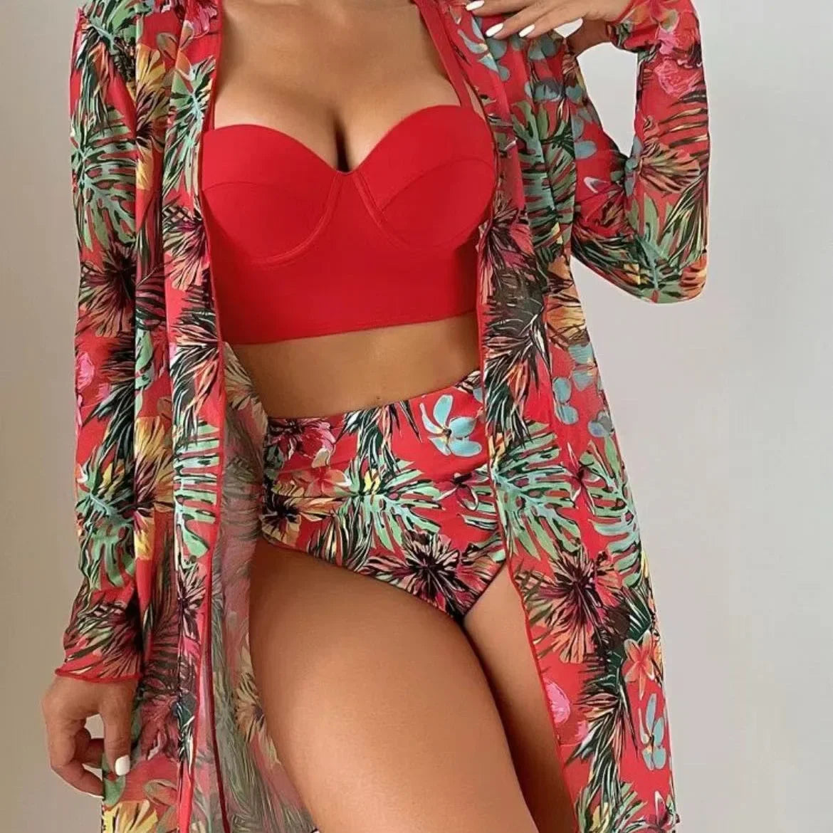Plant Flower Print Bikini Three-piece Set Sunscreen Cover up Cross-Border Swimsuit Women's Fashion Swimwear from China