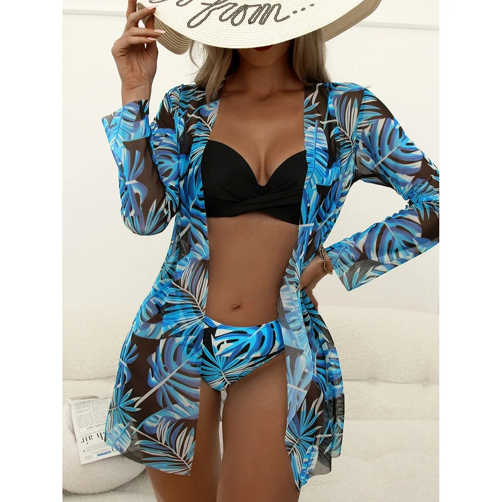 2025 Three Pieces Bikini Set Cover Up Swimwear Women Swimsuit Print Long Sleeve Push Up Bathing Suit Beachwear Swimming Biquini