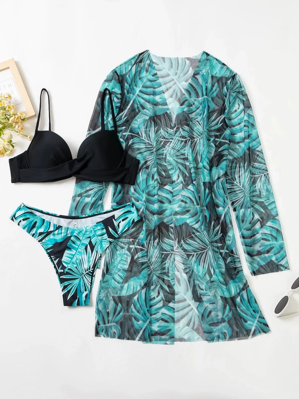 2025 Three Pieces Bikini Set Cover Up Swimwear Women Swimsuit Print Long Sleeve Push Up Bathing Suit Beachwear Swimming Biquini