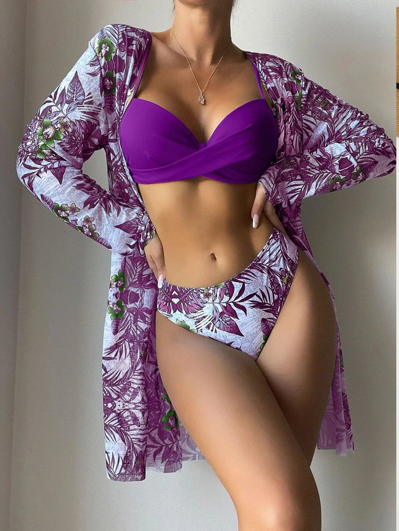 3 Pieces Push Up Bikinis 2025 Women With Kimono Beach Printed Swimsuit Sexy Swimwear Female Bathers Bathing Swimming Swim Suit