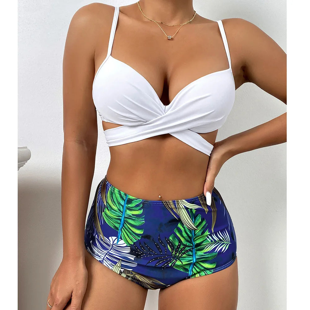 2025 Three Pieces Bikini Set Cover Up Swimwear Women Swimsuit Print Long Sleeve Push Up Bathing Suit Beachwear Swimming Biquini