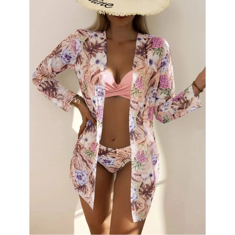 2025 Three Pieces Bikini Set Cover Up Swimwear Women Swimsuit Print Long Sleeve Push Up Bathing Suit Beachwear Swimming Biquini