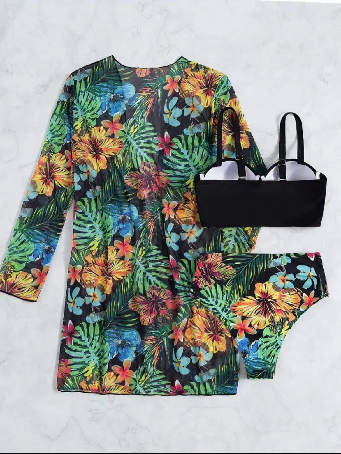 Plant Flower Print Bikini Three-piece Set Sunscreen Cover up Cross-Border Swimsuit Women's Fashion Swimwear from China