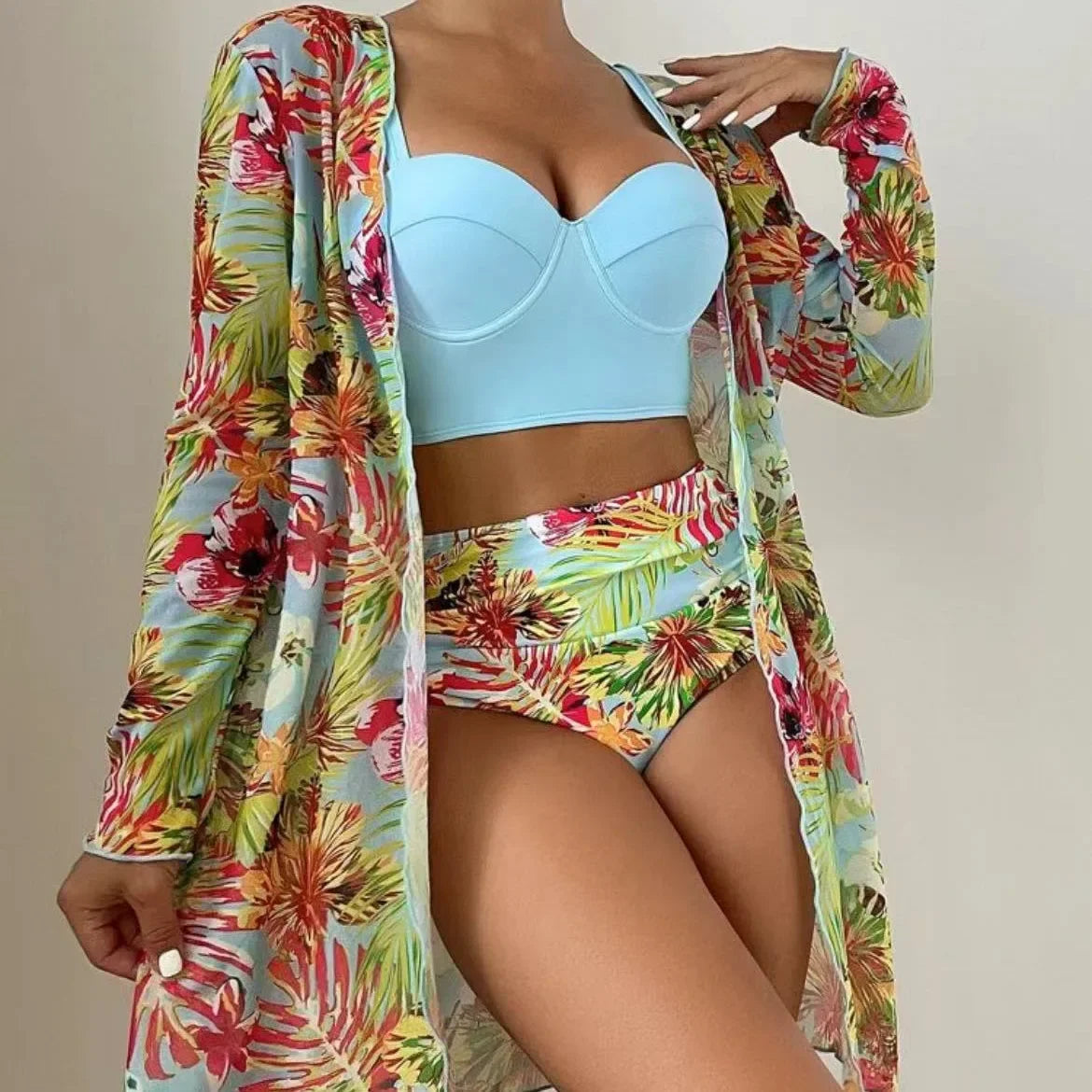 Plant Flower Print Bikini Three-piece Set Sunscreen Cover up Cross-Border Swimsuit Women's Fashion Swimwear from China