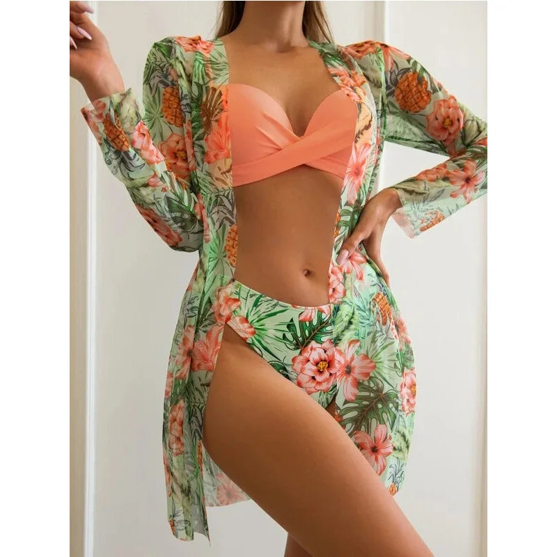 2025 Three Pieces Bikini Set Cover Up Swimwear Women Swimsuit Print Long Sleeve Push Up Bathing Suit Beachwear Swimming Biquini