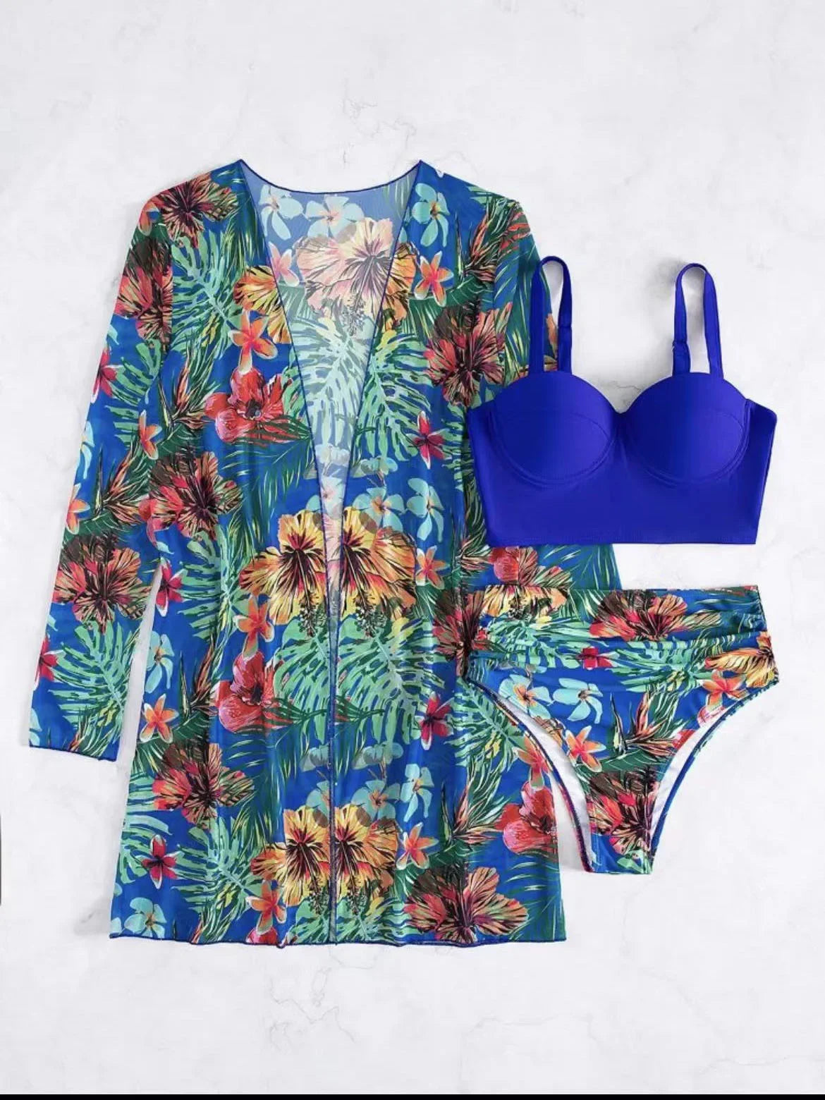 Plant Flower Print Bikini Three-piece Set Sunscreen Cover up Cross-Border Swimsuit Women's Fashion Swimwear from China