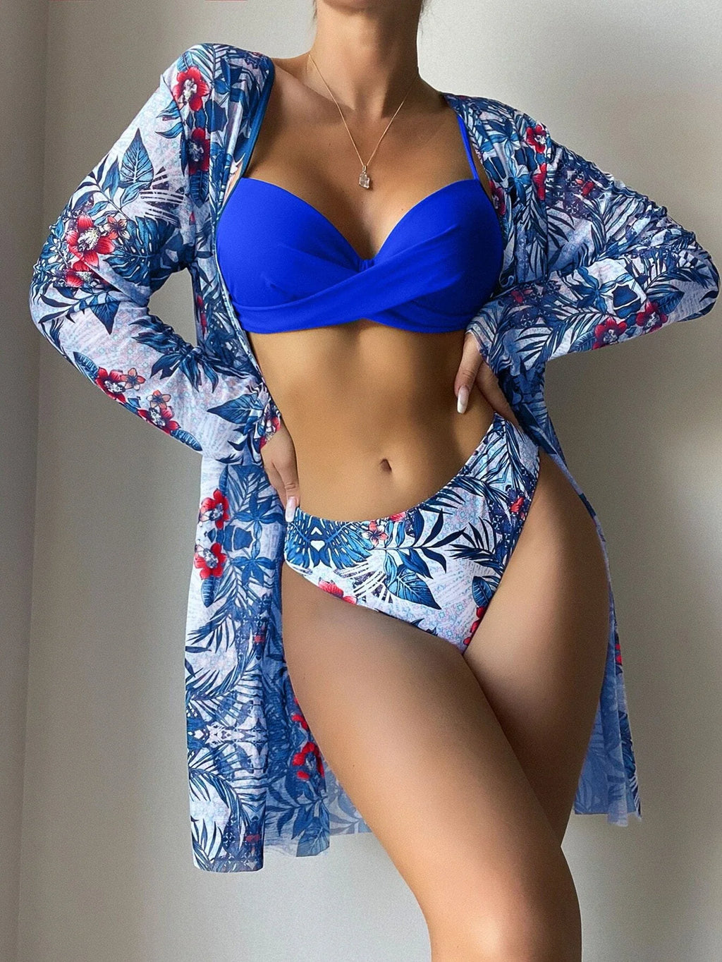 3 Pieces Push Up Bikinis 2025 Women With Kimono Beach Printed Swimsuit Sexy Swimwear Female Bathers Bathing Swimming Swim Suit