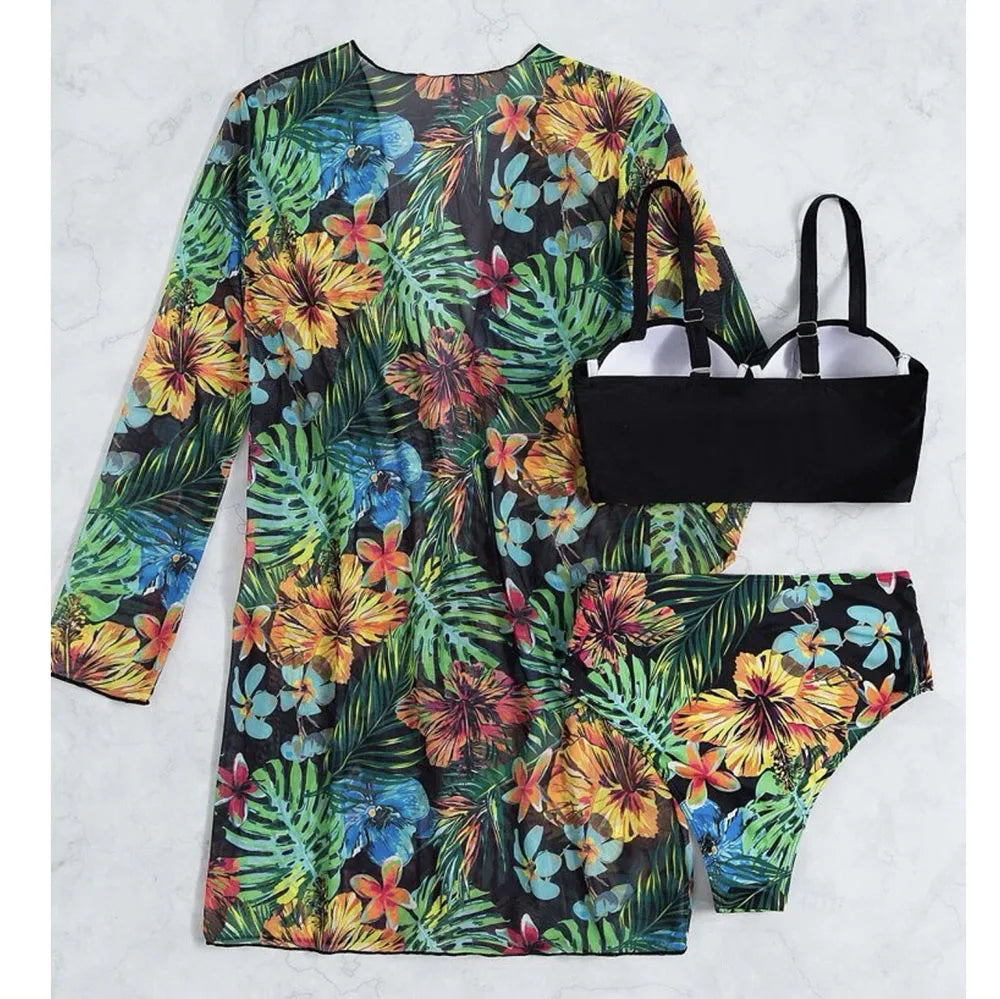 2025 Three Pieces Bikini Set Cover Up Swimwear Women Swimsuit Print Long Sleeve Push Up Bathing Suit Beachwear Swimming Biquini