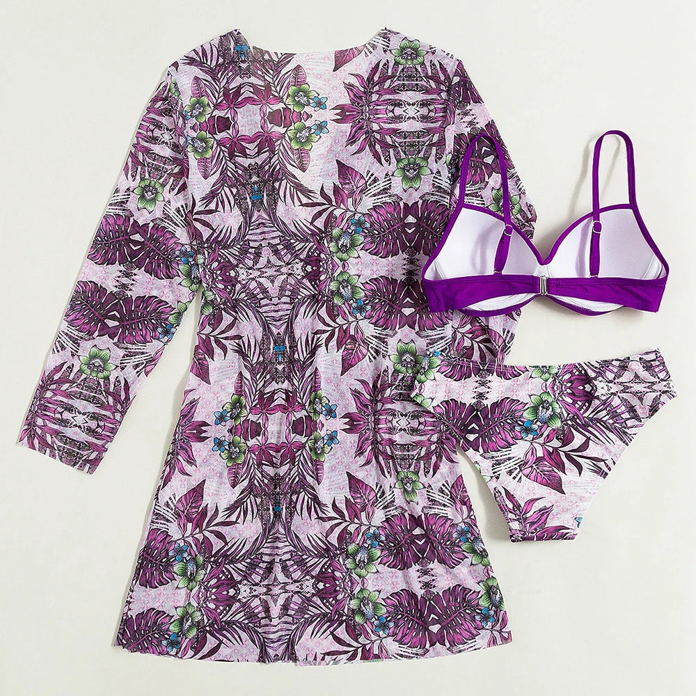 2025 Three Pieces Bikini Set Cover Up Swimwear Women Swimsuit Print Long Sleeve Push Up Bathing Suit Beachwear Swimming Biquini