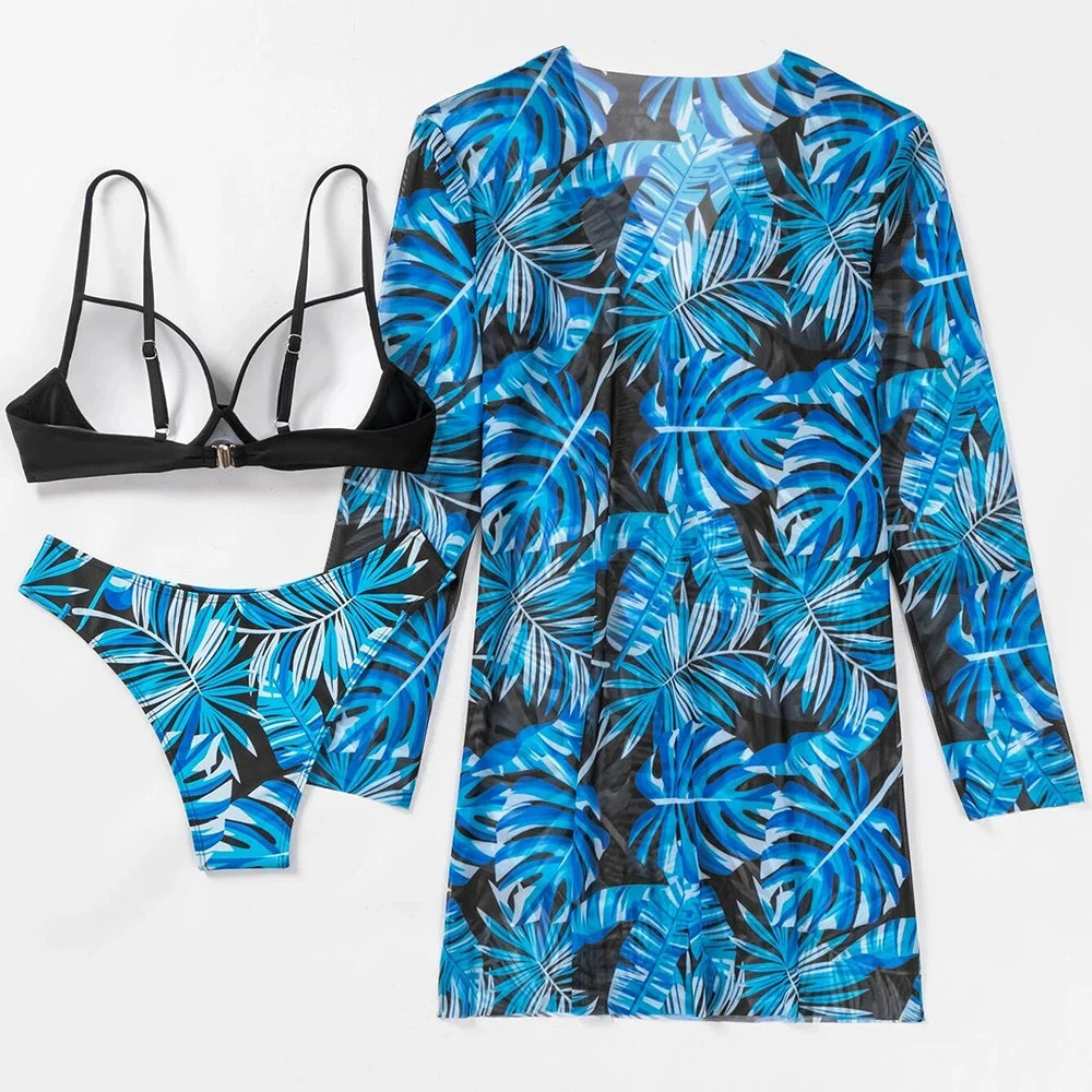 2025 Three Pieces Bikini Set Cover Up Swimwear Women Swimsuit Print Long Sleeve Push Up Bathing Suit Beachwear Swimming Biquini