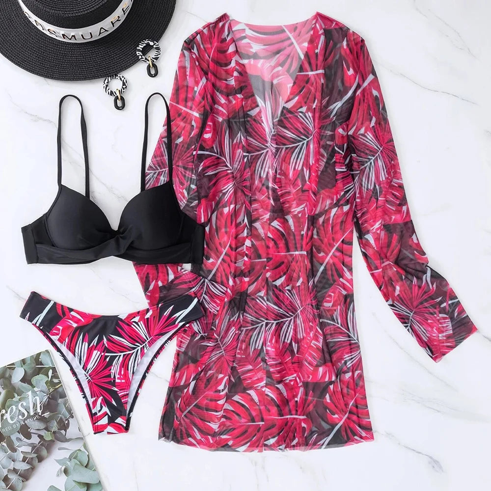 2025 Three Pieces Bikini Set Cover Up Swimwear Women Swimsuit Print Long Sleeve Push Up Bathing Suit Beachwear Swimming Biquini