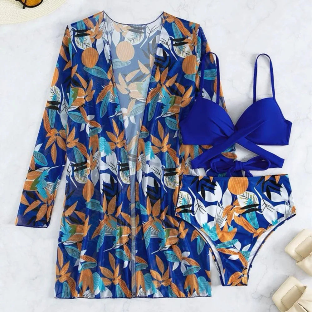 2025 Three Pieces Bikini Set Cover Up Swimwear Women Swimsuit Print Long Sleeve Push Up Bathing Suit Beachwear Swimming Biquini