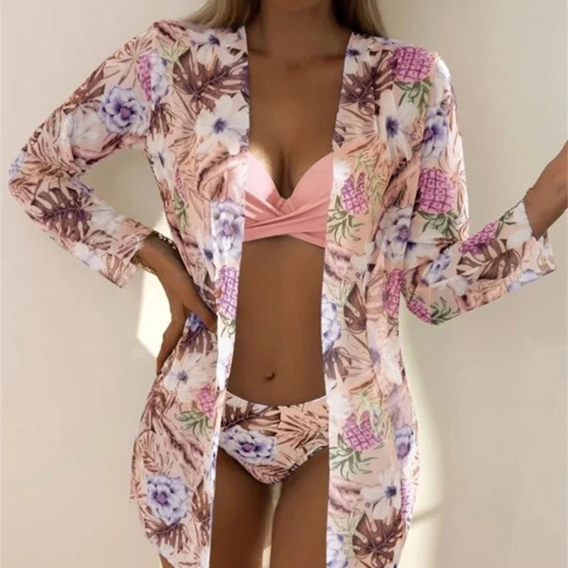 2025 Women's 3 Pieces Swimsuit Floral Print Bikini Set+Long Sleeve Cover-Up Swimwear Sexy Low Waist Push Up Tankinis Beachwear