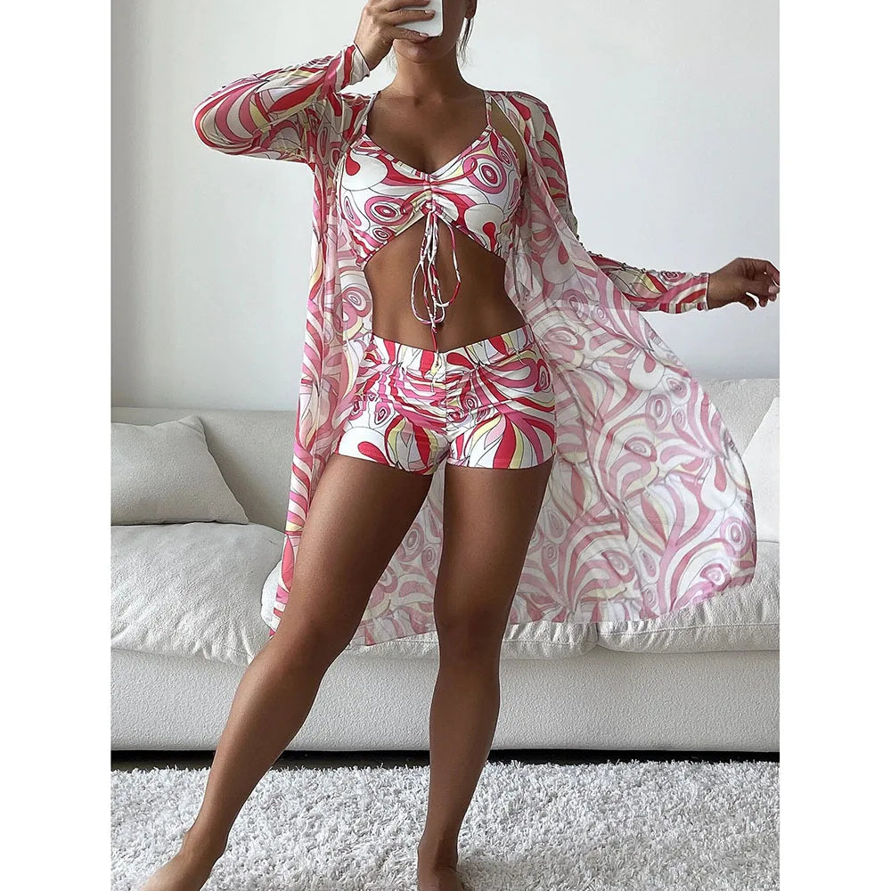 2025 Three Pieces Bikini Set Cover Up Swimwear Women Swimsuit Print Long Sleeve Push Up Bathing Suit Beachwear Swimming Biquini