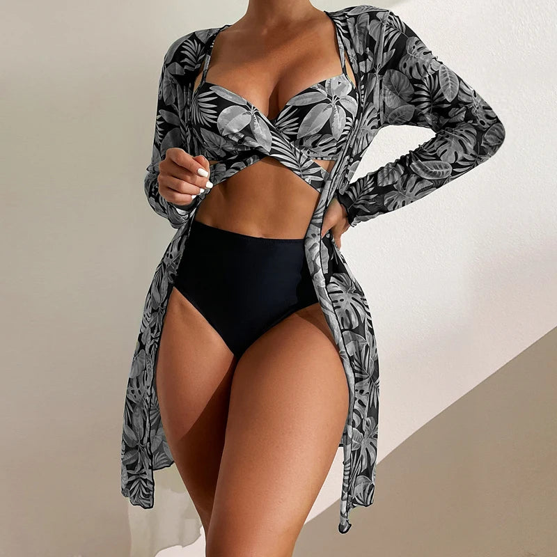 2025 Three Pieces Bikini Set Cover Up Swimwear Women Swimsuit Print Long Sleeve Push Up Bathing Suit Beachwear Swimming Biquini