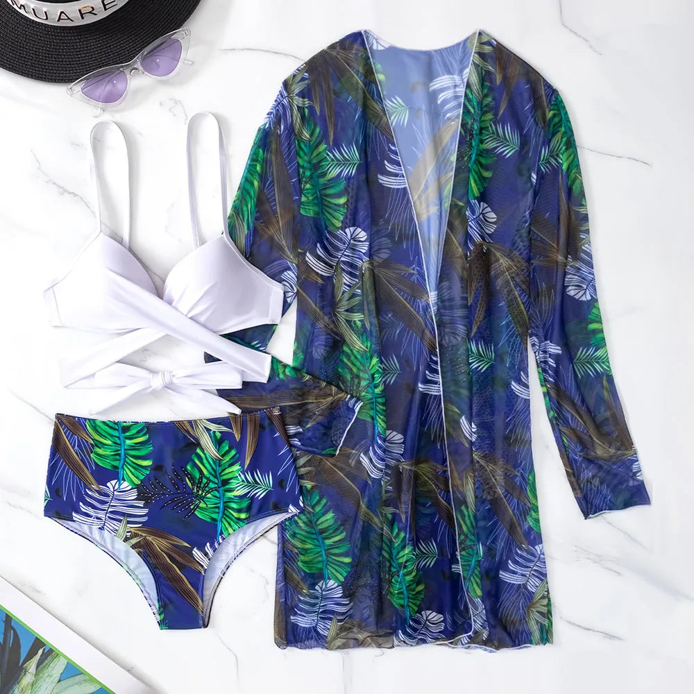 2025 Three Pieces Bikini Set Cover Up Swimwear Women Swimsuit Print Long Sleeve Push Up Bathing Suit Beachwear Swimming Biquini