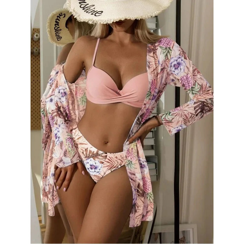 2025 Three Pieces Bikini Set Cover Up Swimwear Women Swimsuit Print Long Sleeve Push Up Bathing Suit Beachwear Swimming Biquini