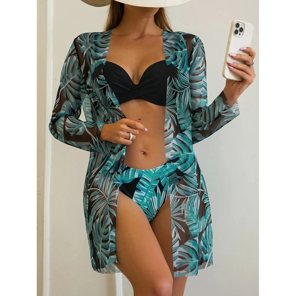 2025 Three Pieces Bikini Set Cover Up Swimwear Women Swimsuit Print Long Sleeve Push Up Bathing Suit Beachwear Swimming Biquini