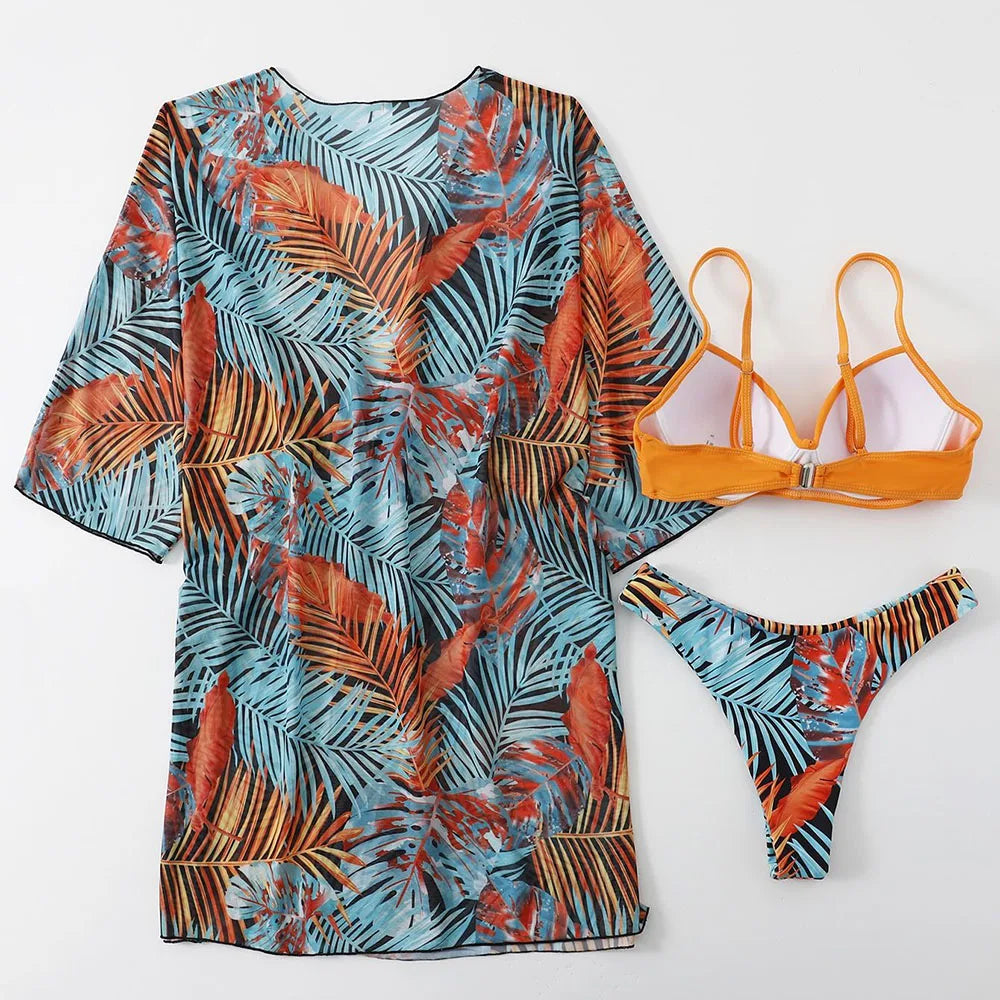 2025 Three Pieces Bikini Set Cover Up Swimwear Women Swimsuit Print Long Sleeve Push Up Bathing Suit Beachwear Swimming Biquini