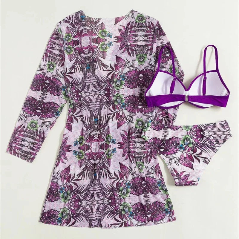 2025 Women's 3 Pieces Swimsuit Floral Print Bikini Set+Long Sleeve Cover-Up Swimwear Sexy Low Waist Push Up Tankinis Beachwear